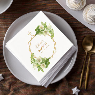 Girl Baptisse Floral Lilies Gold Cross Geometric Serviette