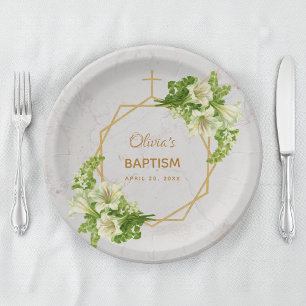 Girl Baptisse Floral Lilies Gold Marble Geometric Pappteller