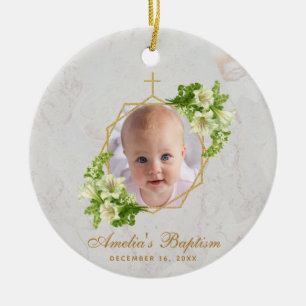 Girl Baptisse Foto White Lilies Marble Gold Floral Keramik Ornament