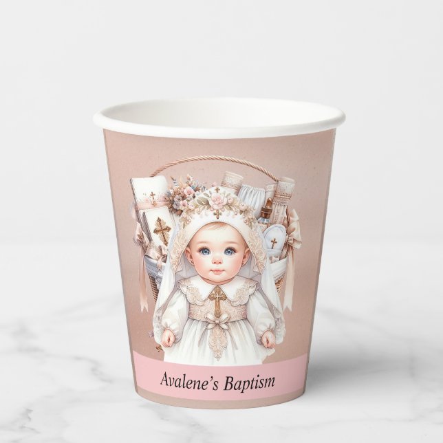 Girl Baptisse Rose Gold Christening Basket Pappbecher (Vorderseite)