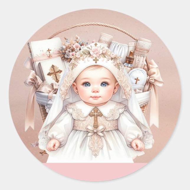 Girl Baptisse Rose Gold Christening Basket Runder Aufkleber (Vorderseite)