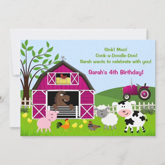 Girl Barnyard Farm Animals Geburtstagseinladungen Einladung (Vorderseite)
