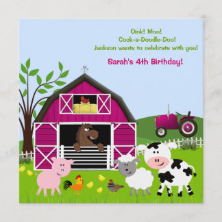 Girl Barnyard Farm Animals Geburtstagseinladungen Einladung
