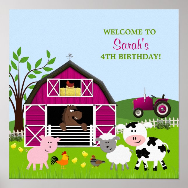Girl Barnyard Farm Animals Geburtstagspopster Poster (Vorne)