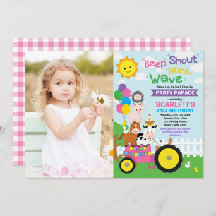 Girl Barnyard Farm Drive by Birthday Party Parade Einladung