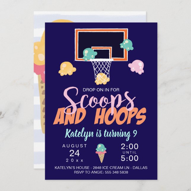 Girl Basketball Einladung von Scoops und Hoops (Vorne/Hinten)