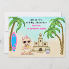 Girl Beach Baby Sandcastle, Surfboard 1. Geburtsta Einladung