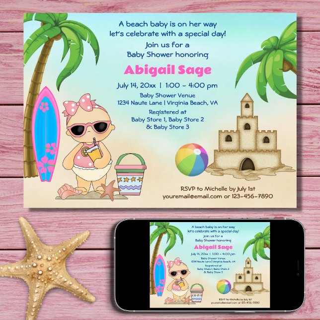 Girl Beach Baby Sandcastle, Surfboard Babydusche Einladung (Printed and Digital - Girl Beach Baby Sandcastle, Surfboard Baby Shower Invitation)