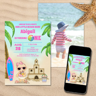 Girl Beach Baby Surfboard 1. Geburtstag FOTO Einladung