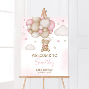 Girl Bear Balloon Baby Dusche Willkommen Poster