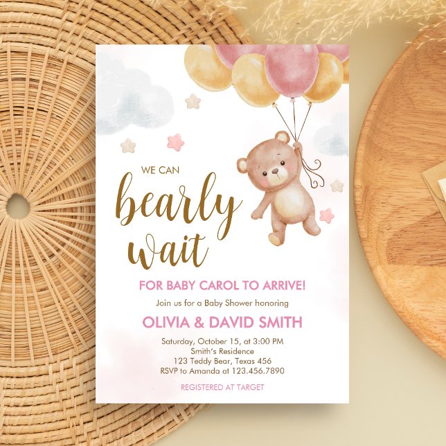 Girl Bear Bear Bearly Wait Baby Dusche Einladung (We Can Bearly Wait Bear Balloons Baby Shower Invitation)