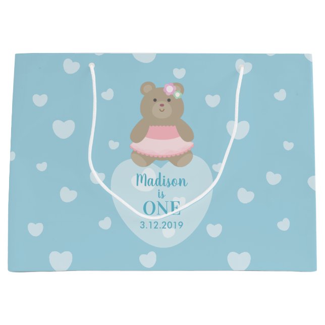 Girl Bear Cub Princess Baby First Birthday Party Große Geschenktüte (Vorderseite)