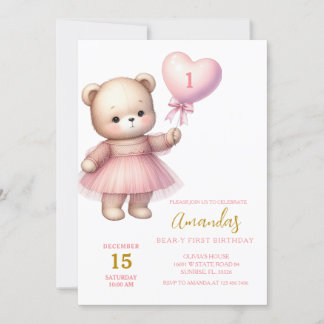 Girl Bear Heart Pink Balloons Erster Geburtstag Einladung