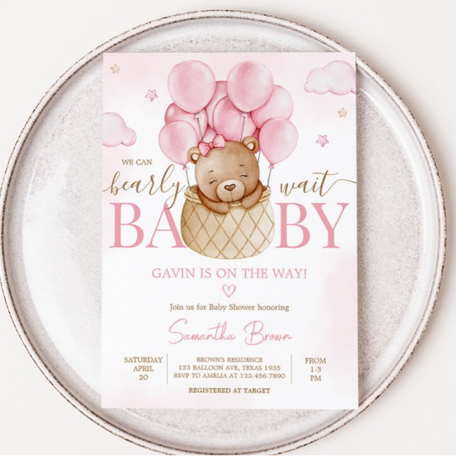 Girl Bear Hot Air Ballon Babydusche Einladung (Pink Boho Baby Bear Baby Shower Invitation)
