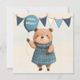 Girl Bear mit blauem Karierten Kleid und Ballon Einladung