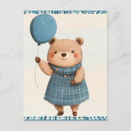 Girl Bear mit blauem Karierten Kleid und Ballon Postkarte