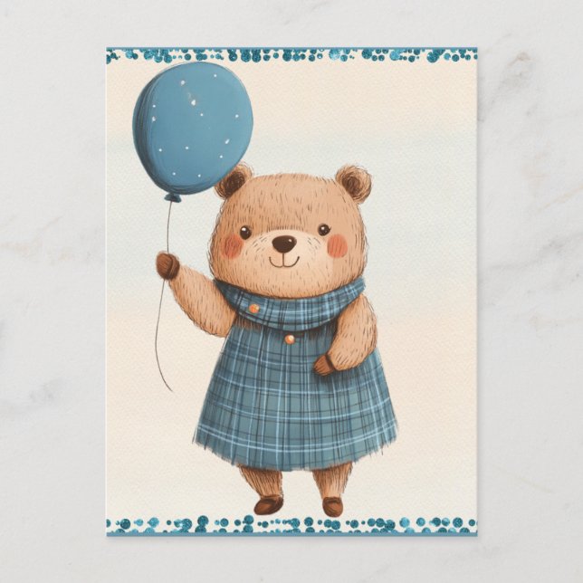 Girl Bear mit blauem Karierten Kleid und Ballon Postkarte (Vorderseite)