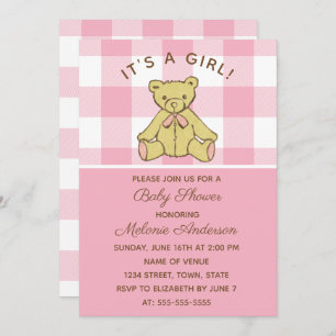 Girl Bear Pink Baby Dusche Einladung