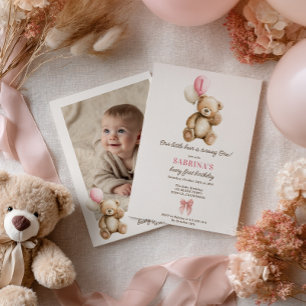 Girl Beary 1. Geburtstag Teddy Bear Foto Balloons Einladung