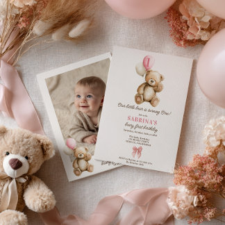 Girl Beary 1. Geburtstag Teddy Bear Foto Balloons Einladung