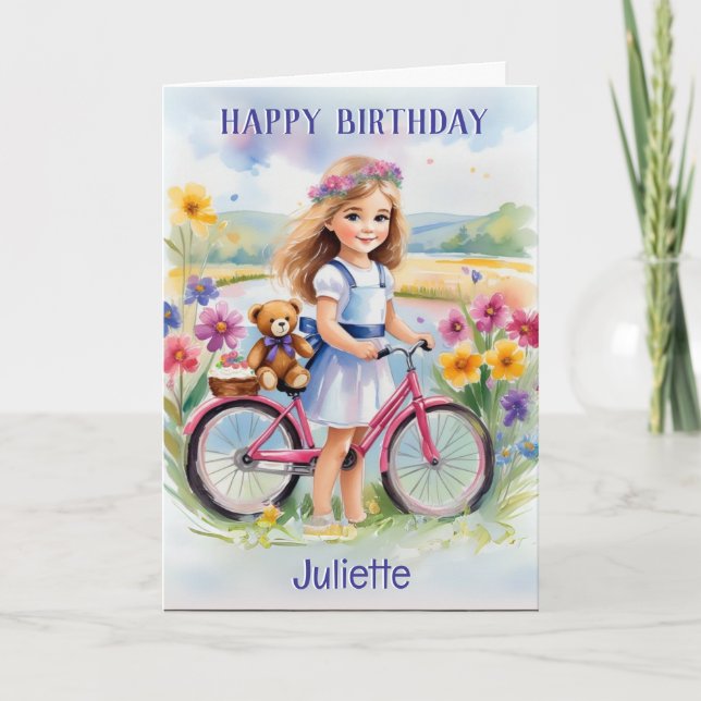 Girl Bicycle Blume Teddy Hübsch Happy Birthday Karte (Vorderseite)