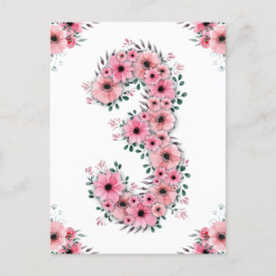Girl Big 3. Geburtstag Pink Blume Green Foliage Postkarte