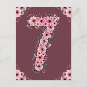 Girl Big 7th Birthday Pink Blume Green Foliage Postkarte
