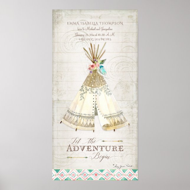 Girl Birth Info Tribal Boho Adventure Teepee Arrow Poster (Vorne)