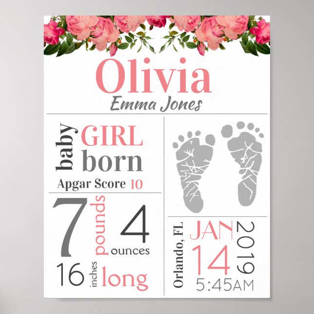 Girl Birth Stat Sign Pink Floral Footprint USA Poster (Vorne)