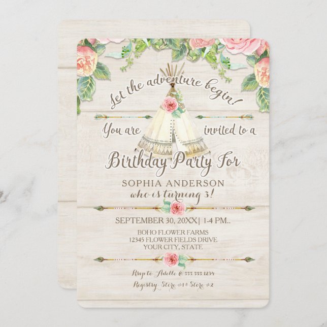 Girl Birthday Adventure BOHO Teepee Arrow Wood Einladung (Vorne/Hinten)