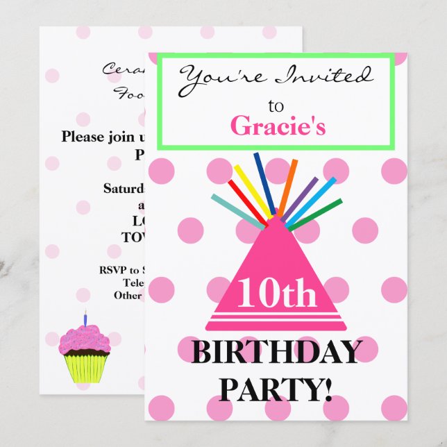Girl Birthday Hat Pink Cupcake Einladung (Vorne/Hinten)
