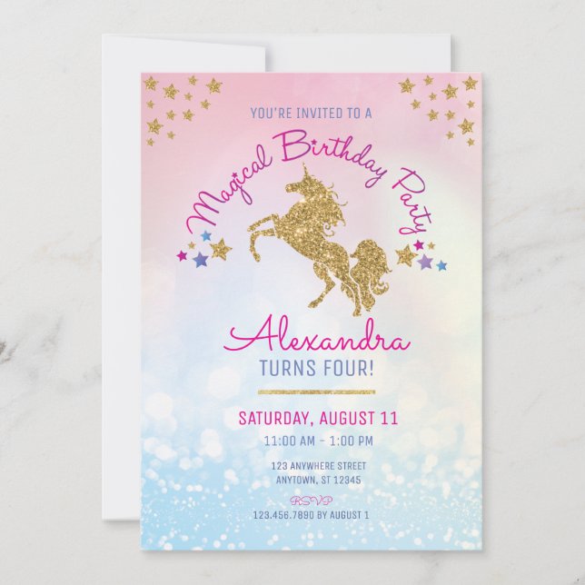 Girl Birthday Pink Gold Unicorn Glitter Invitation Einladung (Vorderseite)