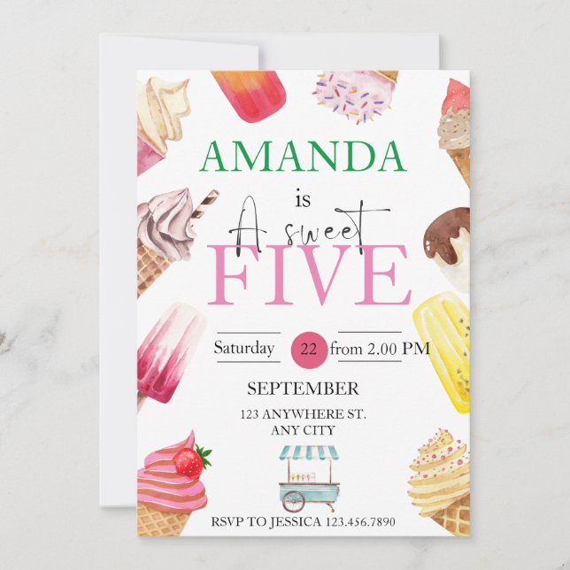 Girl Birthday Sommer Popsim Ice Cream Einladung (Vorderseite)