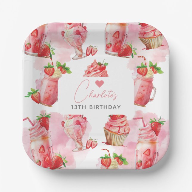 Girl Birthday Strawberry Milkshake Personalisiert Pappteller (Vorderseite)