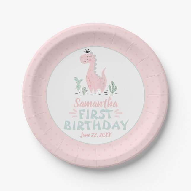 Girl Birthday Watercolor Pink & Türkis Dinosaurier Pappteller (Vorderseite)