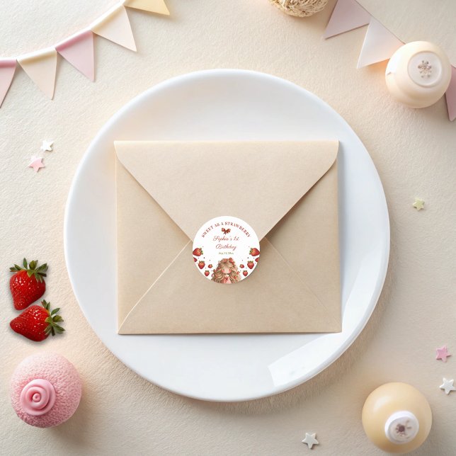 Girl Birthday Watercolor Strawberry Red Ribbon Runder Aufkleber (Von Creator hochgeladen)