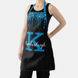 Girl Black Aquamarin Blue Glitzer Tropfen Monogram Schürze