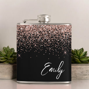 Girl Black Blush Pink Rose Gold Glitzer Monogram Flachmann