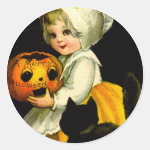 Girl & Black Cat Runder Aufkleber