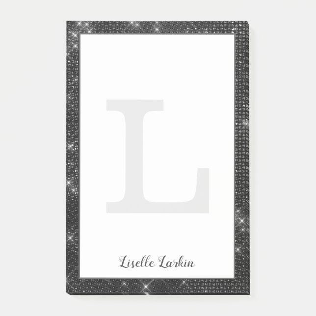 Girl Black Diamond Glitzer Glam Monogram Name Post-it Klebezettel (Vorderseite)