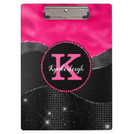 Girl Black Grey Hot Pink Waves Glam Monogram Name Klemmbrett