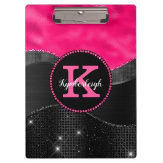 Girl Black Grey Hot Pink Waves Glam Monogram Name Klemmbrett