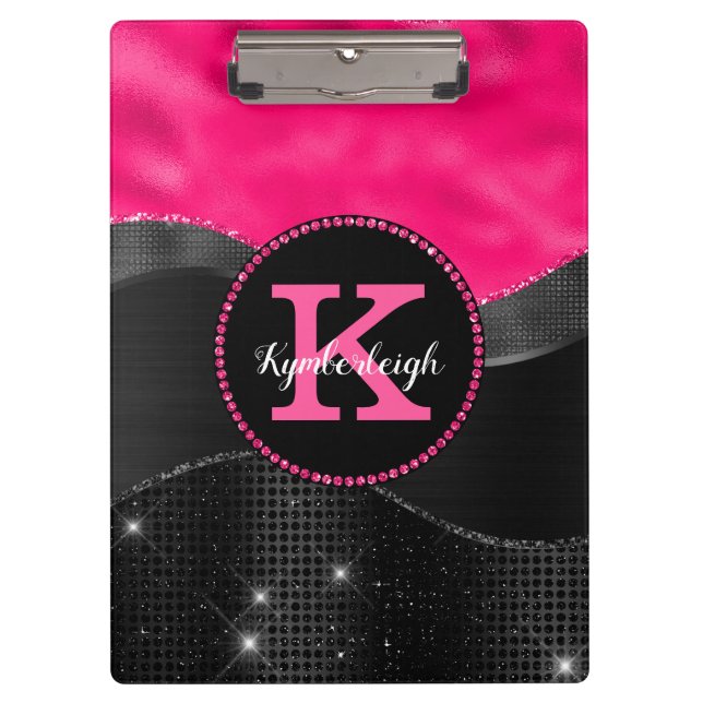 Girl Black Grey Hot Pink Waves Glam Monogram Name Klemmbrett (Vorderseite)