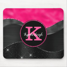 Girl Black Grey Hot Pink Waves Glam Monogram Name Mousepad