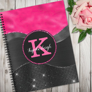 Girl Black Grey Hot Pink Waves Glam Monogram Name Notizbuch