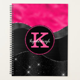 Girl Black Grey Hot Pink Waves Glam Monogram Name Planer