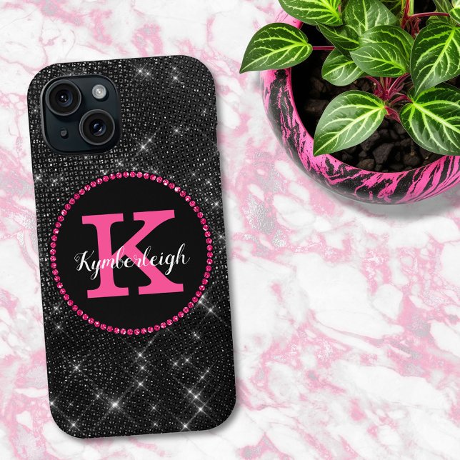 Girl Black Hot Pink Glam Diamond Monogram Name Case-Mate iPhone Hülle (Von Creator hochgeladen)