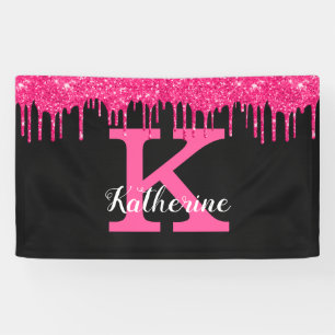 Girl Black Hot Pink Glitzer Tropfen Monogram Party Banner