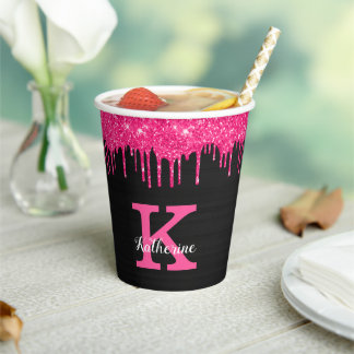 Girl Black Hot Pink Glitzer Tropfen Monogram Party Pappbecher