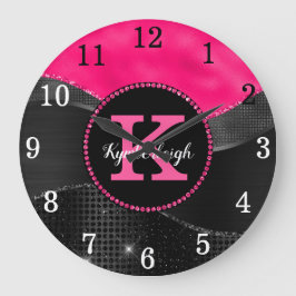 Girl Black Hot Pink Gray Waves Glam Monogram Name Große Wanduhr